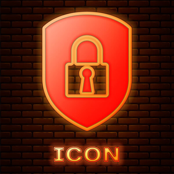 Glowing neon Shield security with lock icon isolated on brick wall background. Protection, safety, password security. Firewall access privacy sign. Vector Illustration