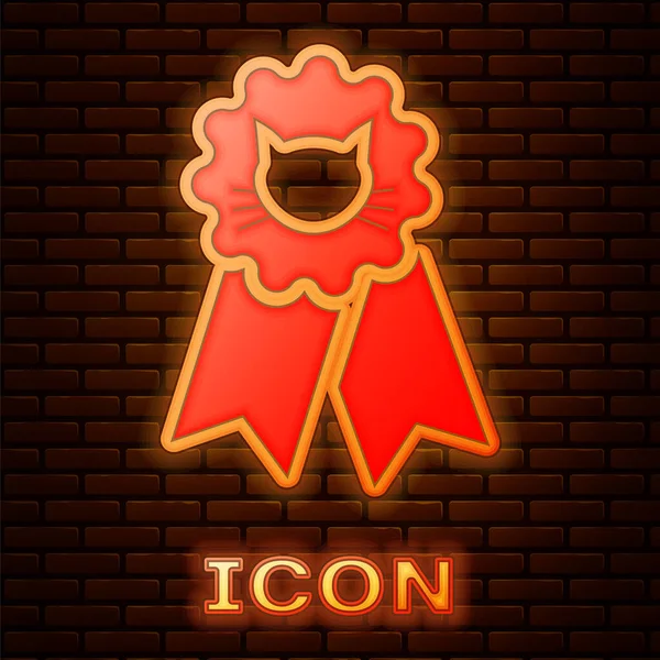 Planoucí neonová kočičí značka ikona, izolovaná na pozadí cihlové zdi. Medaile s ohledem na svou stopu. Vektorová ilustrace — Stockový vektor