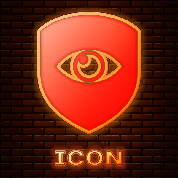 Escudo de néon brilhante e ícone de olho isolado no fundo da parede de tijolo. Segurança, segurança, proteção, conceito de privacidade. Ilustração vetorial — Vetor de Stock