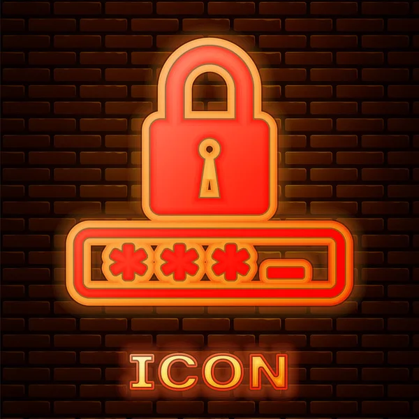Leuchtender Neon-Passwortschutz und Sicherheitszugriffssymbol isoliert auf Ziegelwand-Hintergrund. Schloss-Symbol. Sicherheit, Sicherheit, Schutz, Privatsphäre. Vektorillustration — Stockvektor