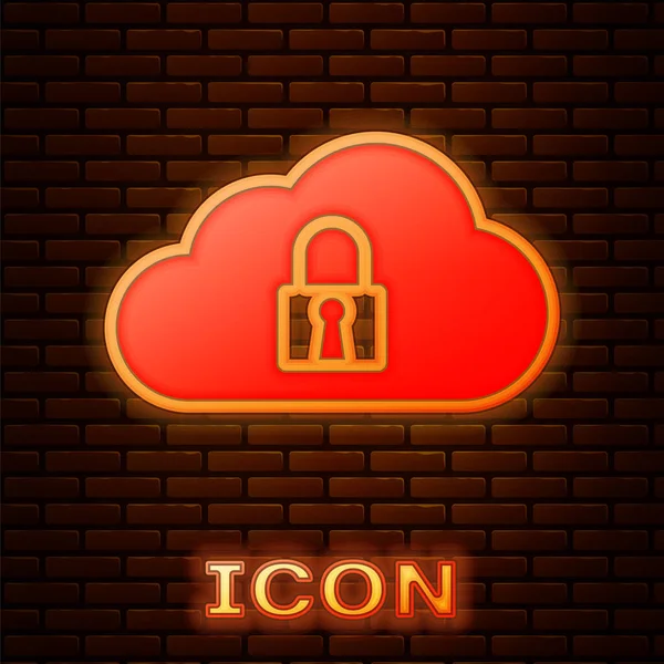Icono de bloqueo de computación en nube de neón brillante aislado en el fondo de la pared de ladrillo. Seguridad, seguridad, concepto de protección. Ilustración vectorial — Vector de stock