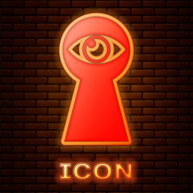Tuğla duvar arka planda izole göz simgesi ile Parlayan neon Keyhole. Göz anahtar deliğine bakar. Anahtar deliği göz deliği. Vektör İllüstrasyonu
