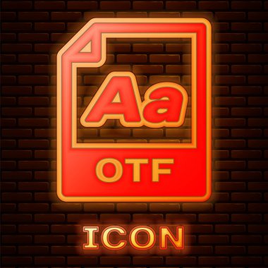 Parlayan Neon OTF dosya belgesi. İndir OTF düğmesi simge tuğla duvar arka planda izole. OTF dosya sembolü. Vektör Illustration
