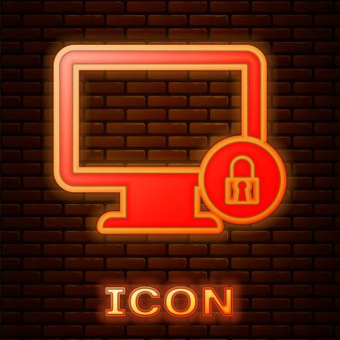Tuğla duvar arka planda yalıtılmış bilgisayar monitörü ekran simgesi üzerinde Parlayan neon Kilit. Monitör ve asma kilit. Güvenlik, güvenlik, koruma konsepti. Güvenli internet çalışması. Vektör İllüstrasyonu