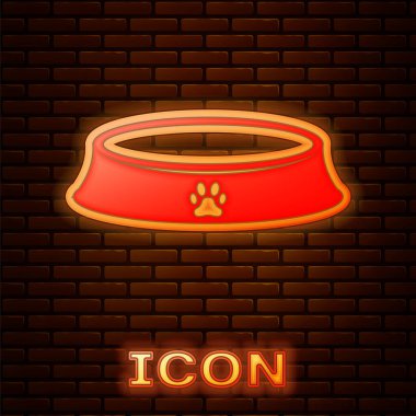 Tuğla duvar arka plan izole kedi veya köpek simgesi için Parlayan neon Pet gıda kase. Köpek ya da kedi pençesi izi. Vektör İllüstrasyonu