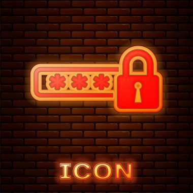 Parlayan neon Şifre koruma ve güvenlik erişim simgesi tuğla duvar arka planda izole. Simgeyi kilitleyin. Güvenlik, güvenlik, koruma, gizlilik kavramı. Vektör İllüstrasyonu