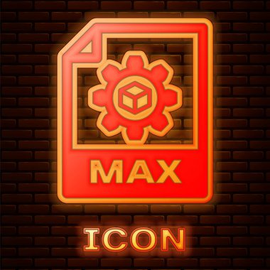 Parlayan Neon Max dosya belgesi. İndir Max düğme simgesi tuğla duvar arka planda izole. Maksimum dosya sembolü. Vektör Illustration