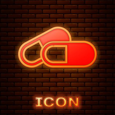 Parlayan neon ilaç hapı ya da tuğla duvar arkasında izole edilmiş tablet ikonu. Kapsül hapı ve uyuşturucu işareti. Eczane tasarımı. Vektör İllüstrasyonu