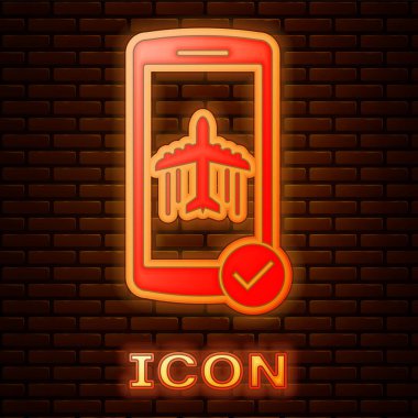 Parlak neon Uçuş modu cep telefonu simgesi tuğla duvar arka planda izole. Uçak veya uçak uçuş çevrimdışı modu yolcu düzenleme havayolu. Vektör Illustration