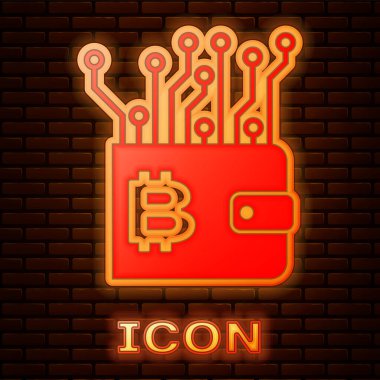 Parlak neon cryptocurrency cüzdan simgesi tuğla duvar arka planda izole. Cüzdan ve Bitcoin işareti. Madencilik konsepti. Para, ödeme, nakit, ödeme simgesi. Vektör Illustration