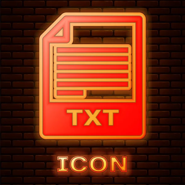輝くネオンTxtファイルドキュメント。レンガの壁の背景に分離されたtxtボタンアイコンをダウンロードしてください。テキスト ファイル拡張子記号。ベクトルイラストレーション — ストックベクタ