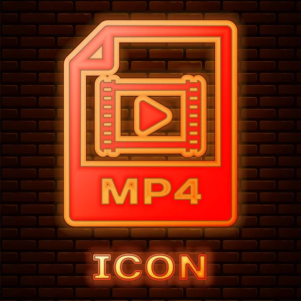Documento di file MP4 al neon incandescente. Scarica icona pulsante mp4 isolato su sfondo muro di mattoni. Simbolo del file MP4. Illustrazione vettoriale — Vettoriale Stock