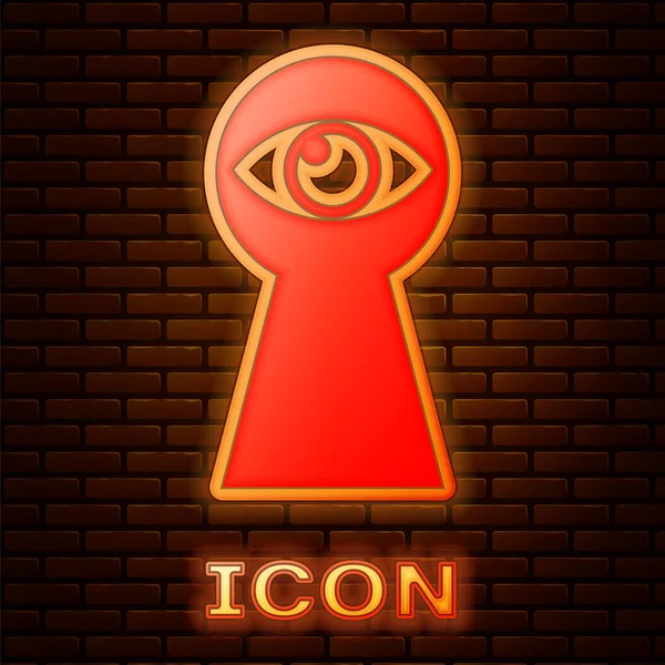 Glowing neon Keyhole with eye icon isolated on brick wall background. The eye looks into the keyhole. Keyhole eye hole. Vector Illustration — Stock Vector