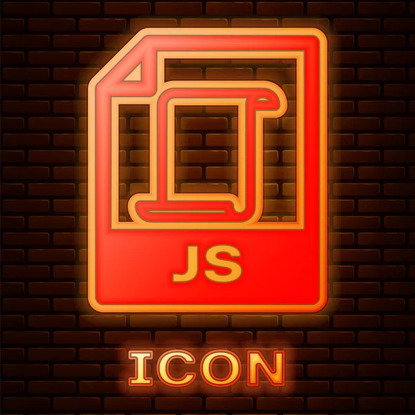 輝くネオンJsファイルドキュメント レンガの壁の背景に分離されたJsボタンアイコンをダウンロードしてください ファイルシンボル ベクトルイラストレーション — ストックベクタ