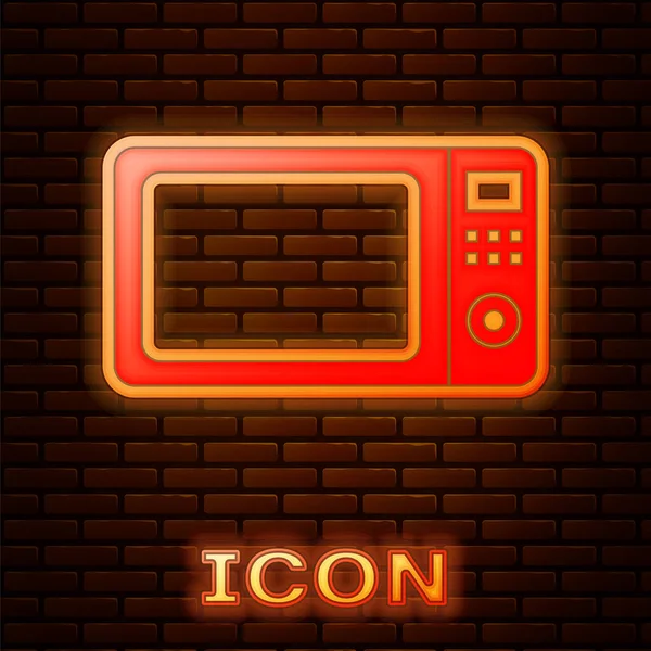 Glowing Neon Microwave Oven Icon Isolated Brick Wall Background Home — Stock Vector