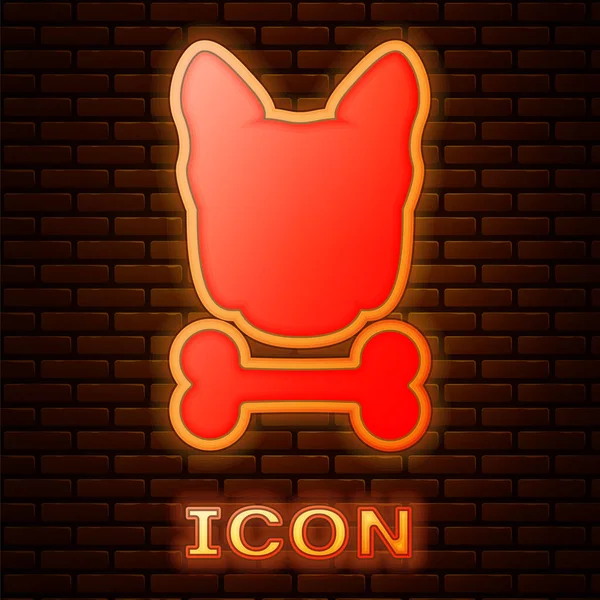 Świecące Neon Pies Ikona Kości Izolowane Tle Muru Ceglanego Symbol — Wektor stockowy