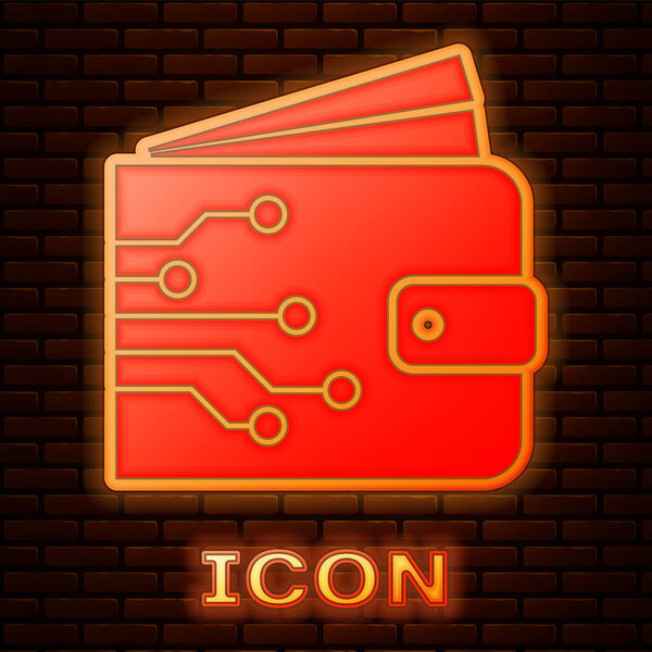 Glowing neon Cryptocurrency wallet icon isolated on brick wall background. Wallet and bitcoin sign. Mining concept. Money, payment, cash, pay icon.  Vector Illustration