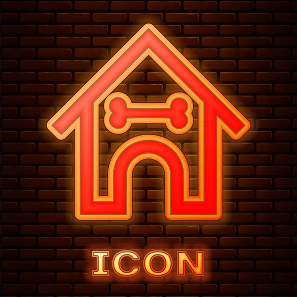 Glowing Neon Dog House Bone Icon Isolated Brick Wall Background — Stock Vector