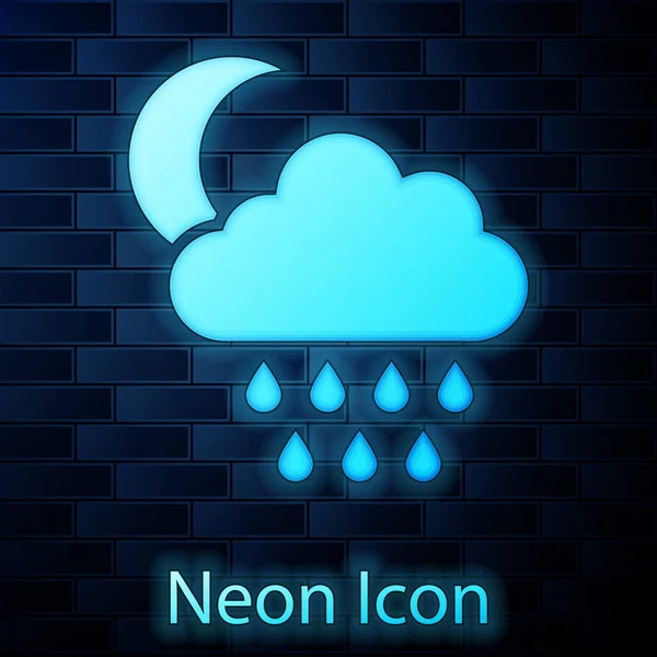 Leuchtende Neon-Wolke mit Regen und Mond-Symbol isoliert auf Backsteinmauer Hintergrund. Regenwolken Niederschlag mit Regentropfen. Vektorillustration — Stockvektor