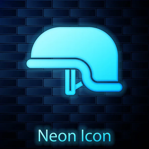 Ragyogó neon katonai sisak ikon elszigetelt téglafal háttér. A védekezés és védekezés jelképe. Védősapka. Vektorillusztráció — Stock Vector