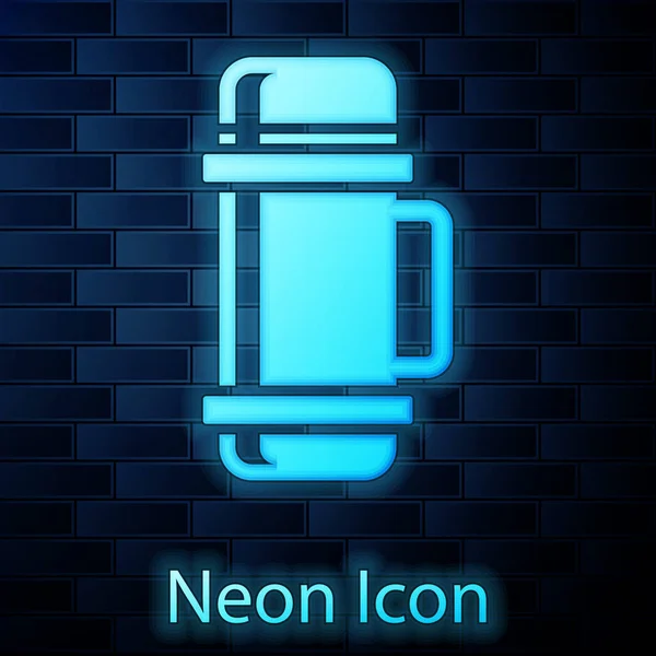 Gloeiende neon Thermos container icoon geïsoleerd op baksteen muur achtergrond. Thermo kolf icoon. Kampeer- en wandeluitrusting. Vector Illustratie — Stockvector