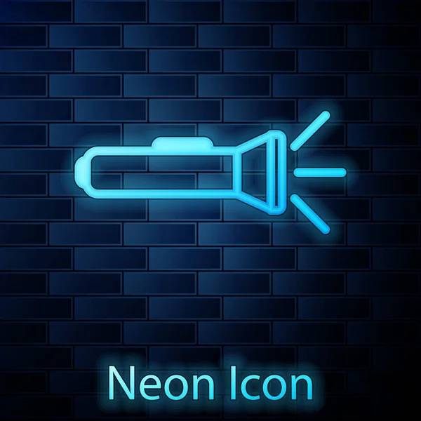 Glowing neon Flashlight icon isolated on brick wall background. Vector Illustration — Stock Vector