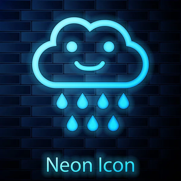 Leuchtende Neon-Wolke mit Regensymbol isoliert auf Backsteinmauer Hintergrund. Regenwolken Niederschlag mit Regentropfen. Vektorillustration — Stockvektor