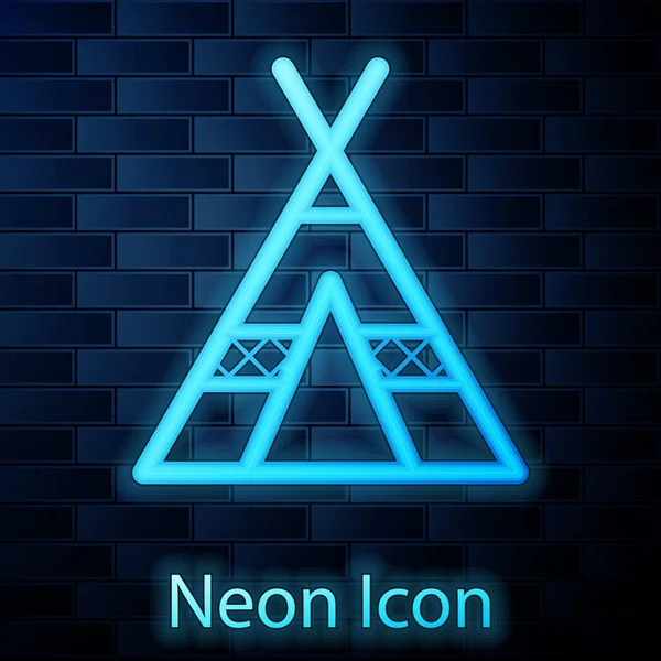 Izzó neon Turisztikai sátor ikon elszigetelt téglafal háttér. Kempingszimbólum. Vektorillusztráció — Stock Vector