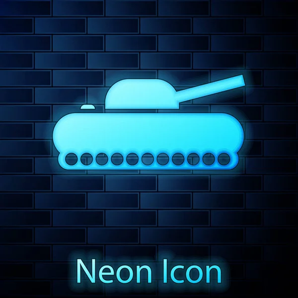 Glowing neon Military tank icon isolated on brick wall background. Vector Illustration — Stock Vector