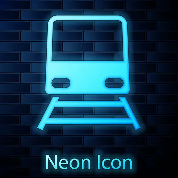 Glowing neon Train icon isolated on brick wall background. Public transportation symbol. Subway train transport. Metro underground. Vector Illustration