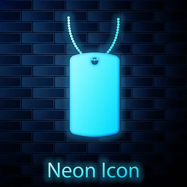 Glowing neon Military dog tag icon isolated on brick wall background. Identity tag icon. Army sign. Vector Illustration — ストックベクタ