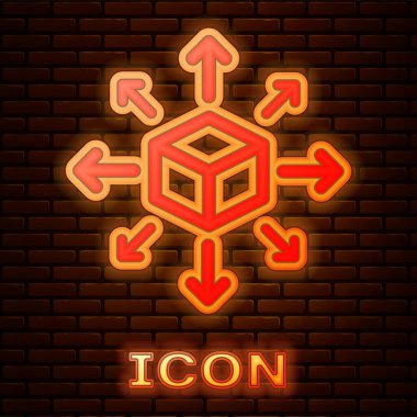 Tuğla duvar arka planda izole parlayan neon Dağıtım simgesi. İçerik dağıtım kavramı. Vektör İllüstrasyonu