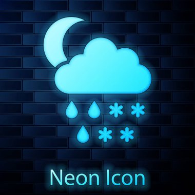 Kar, yağmur ve ay ikonu ile parlayan neon bulutu tuğla duvar arkasında izole edilmiş. Hava durumu simgesi. Vektör İllüstrasyonu