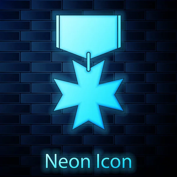 Žhnoucí neon Vojenská odměna medaile ikon izolované na cihlové zdi pozadí. Vojenské znamení. Vektorová ilustrace — Stockový vektor