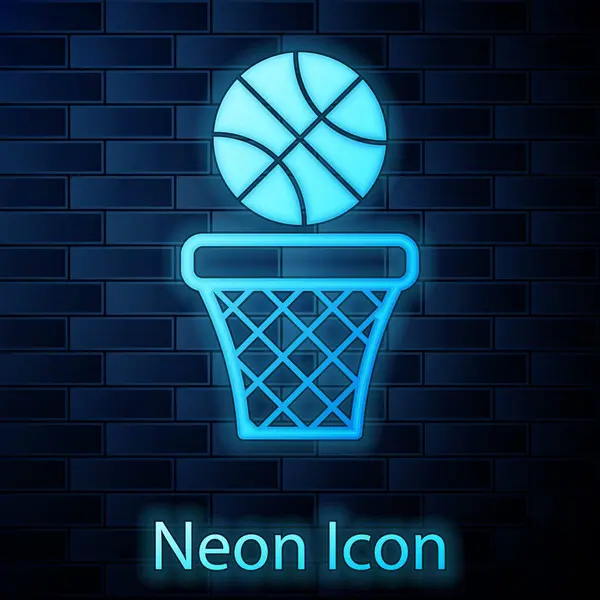 Glowing neon Basketball ball and basket icon isolated on brick wall background. Ball in basketball hoop. Vector Illustration — Stock Vector