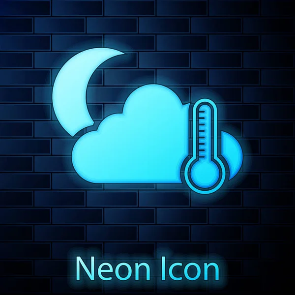 Thermomètre au néon lumineux et nuage avec icône lunaire isolée sur fond de mur de briques. Illustration vectorielle — Image vectorielle