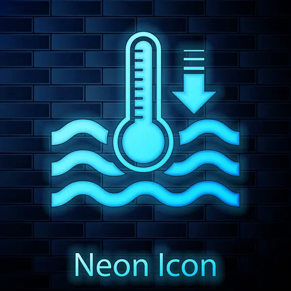 Termometro ad acqua fluorescente al neon che misura il calore e l'icona fredda isolata sullo sfondo della parete di mattoni. Apparecchiatura termometrica che mostra tempo caldo o freddo. Illustrazione vettoriale — Vettoriale Stock
