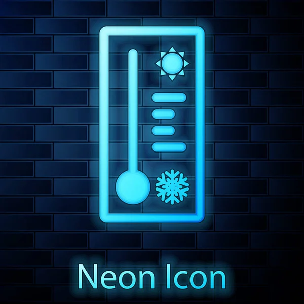 Termometro fluorescente al neon Meteorologia che misura il calore e l'icona a freddo isolata su fondo parete in mattoni. Apparecchiatura termometrica che mostra tempo caldo o freddo. Illustrazione vettoriale — Vettoriale Stock