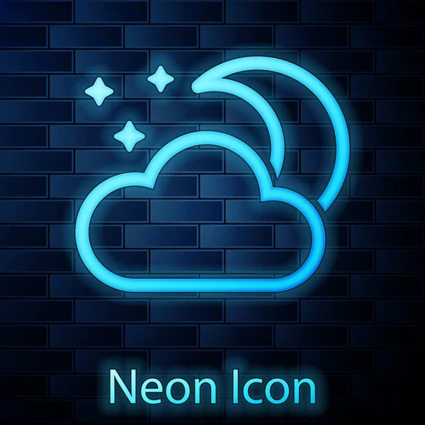 Izzó neon Cloud a Hold és a csillagok ikon izolált téglafal háttérben. Felhős éjszakai előjel. Alvó álmok szimbóluma. Éjszakai vagy ágy idő jele. Vektoros illusztráció — Stock Vector