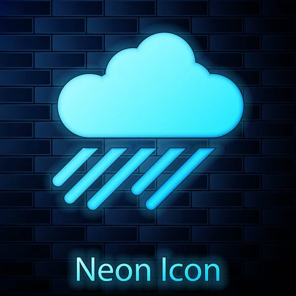 Glödande neon moln med regn ikon isolerade på tegel vägg bakgrund. Regn moln nederbörd med regndroppar. Vektorillustration — Stock vektor