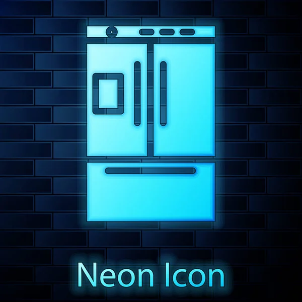 Glowing neon Refrigerator icon isolated on brick wall background. Fridge freezer refrigerator. Household tech and appliances. Vector Illustration — Stock Vector