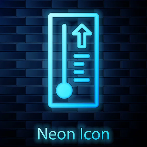 Leuchtende Neon-Meteorologie-Thermometer, das Hitze und Kälte misst, isoliert auf Backsteinmauer Hintergrund. Thermometerausrüstung, die heißes oder kaltes Wetter zeigt. Vektorillustration — Stockvektor