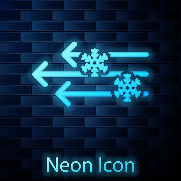 Leuchtende Neon-Wind und Schnee-Symbol isoliert auf Backsteinwand Hintergrund. windiges Wetter. Vektorillustration — Stockvektor