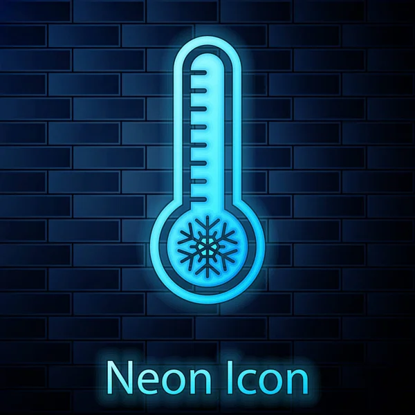 Светящийся неоновый метеорологический термометр, измеряющий тепло и холод, изолированный на фоне кирпичной стены. Термометр показывает жаркую или холодную погоду. Векторная миграция — стоковый вектор