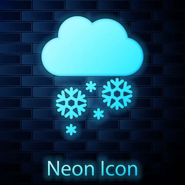 Nuvola al neon incandescente con icona di neve isolata su sfondo muro di mattoni. Nuvola con fiocchi di neve. Icona del tempo singolo. Segno di neve. Illustrazione vettoriale — Vettoriale Stock