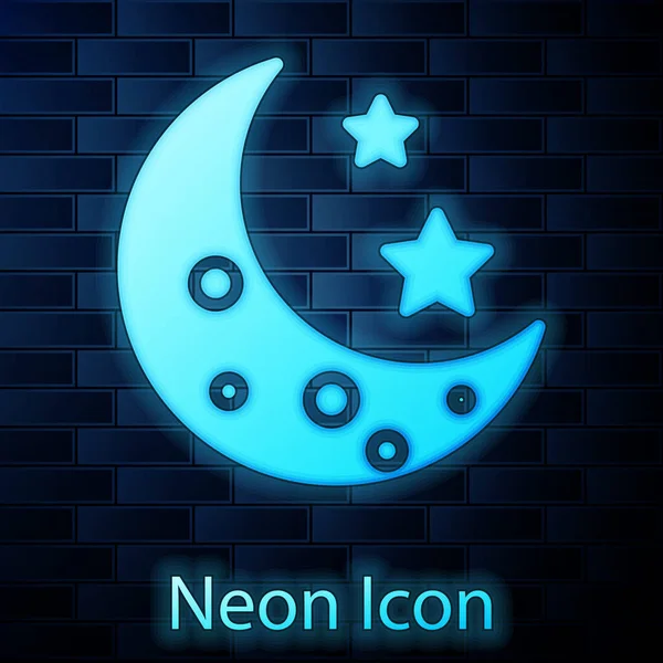 Luminoso neon icona Luna e stelle isolato su sfondo muro di mattoni. Illustrazione vettoriale — Vettoriale Stock