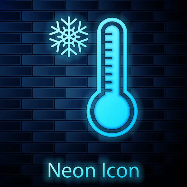 Светящийся неоновый метеорологический термометр, измеряющий тепло и холод, изолированный на фоне кирпичной стены. Термометр показывает жаркую или холодную погоду. Векторная миграция — стоковый вектор