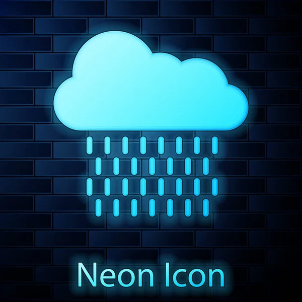 Leuchtende Neon-Wolke mit Regensymbol isoliert auf Backsteinmauer Hintergrund. Regenwolken Niederschlag mit Regentropfen. Vektorillustration — Stockvektor