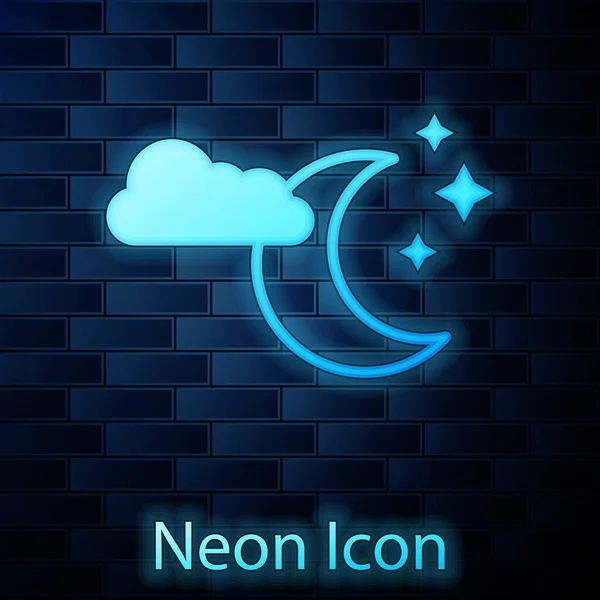 Fluo lumineux Nuage avec icône lune et étoiles isolé sur fond de mur de briques. Panneau de nuit nuageux. Le symbole des rêves endormis. Signe de nuit ou heure du coucher. Illustration vectorielle — Image vectorielle