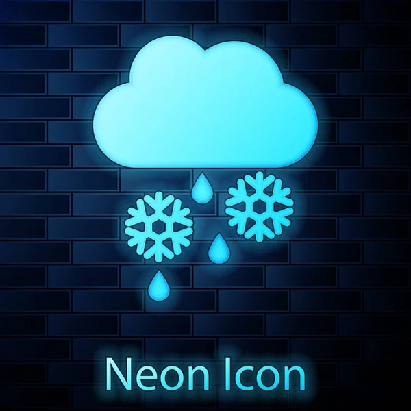 Glödande neon moln med snö, regn och måne ikon isolerad på tegel vägg bakgrund. Väderikonen. Vektor Illustration — Stock vektor
